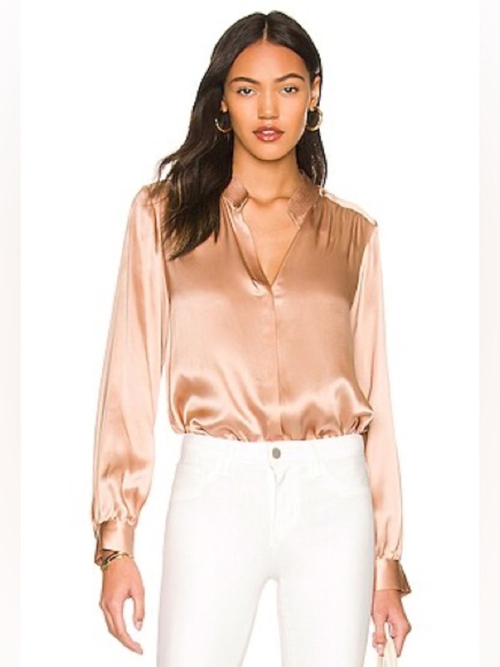 L'AGENCE Bianca Band Collar Blouse in Dusty Pink w luxury resort vacay vibe